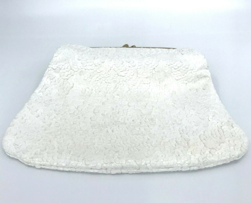 Fold Over Clutch 1970s Purse White Vinyl Sequins Grosgrain Lining Handbag Vtg - Picture 10 of 12