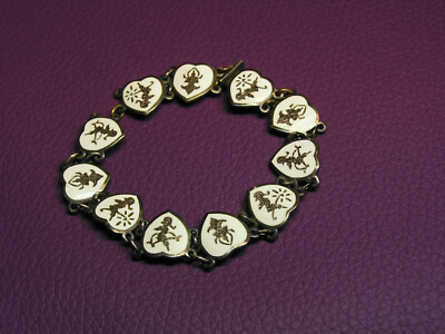 Vintage - siamesische Tänzerin - weiße Emaille über Sterling Herzen - 7'' Gliederarmband