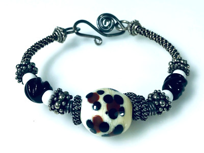 Artisan Made Bangle Bracelet Loaded with Sterling Silver & Interesting Beads c