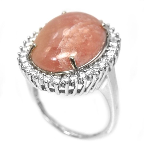 925 STERLING SILVER PINK RED RUBY OVAL CABACHON & WHITE CZ RING SIZE 9.25 - Picture 4 of 8