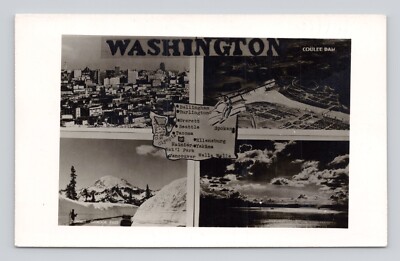 Postcard  RPPC Greetings from Washington Map MultiView Landmarks  Unposted