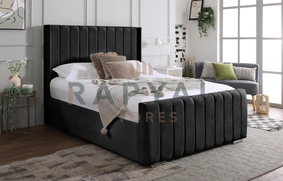 OTTOMAN STORAGE BED PANEL PLUSH VELVET UPHOLSTERED BED FRAME- WINGED HEADBOARD - Image 3 of 4
