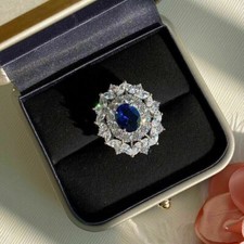 3Ct Simulated Sapphire Engagement Double Halo Ring 14k White Gold Plated Silver