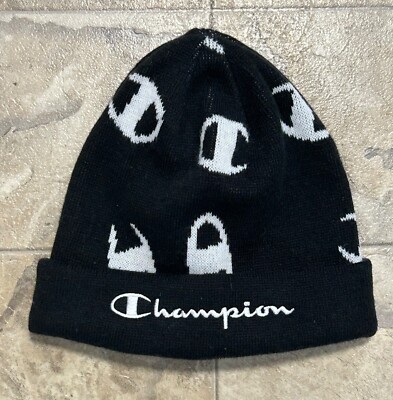 EUC Champion Logo All Over Knit Black White Beanie Hat One Size Fits All  Unisex