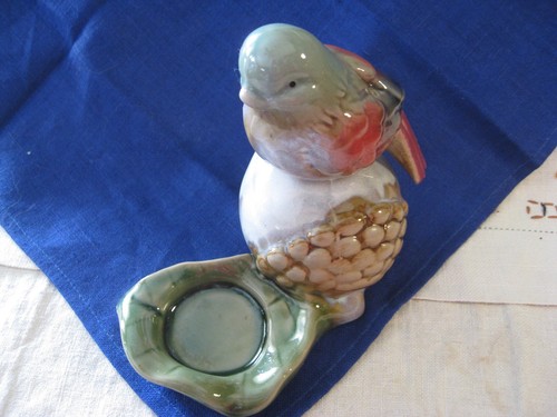Bird On Leaf Candle Holder on pine cone TEA LIGHT HOLDER colorful ceramic EUC - Picture 2 of 8