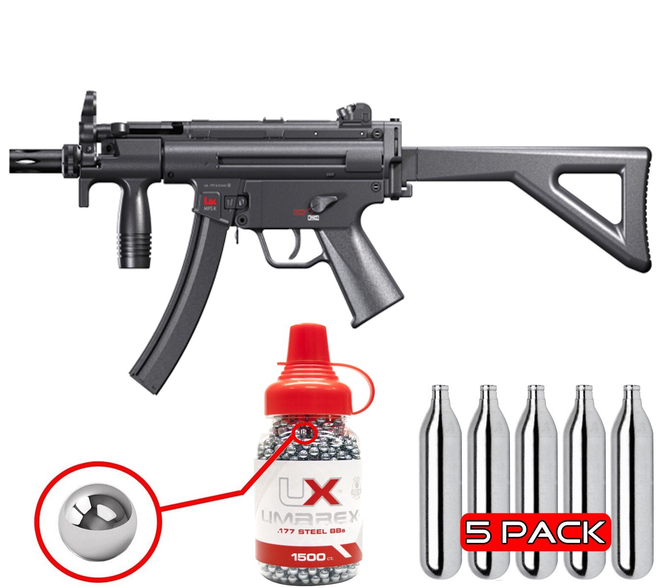Umarex HK MP5 K-PDW .177 Cal Air Gun, CO2 Blowback, BBs & CO2 Bundle (2252330)