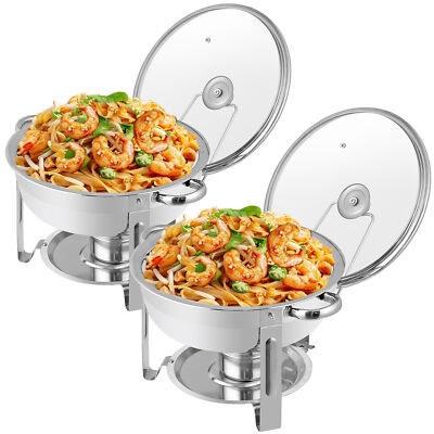 2X Chafing Dish Buffet 5QT Round Stainless Steel Chafer for Parties in Glass Lid