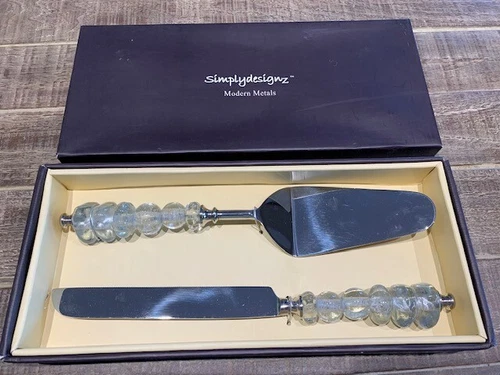 SIMPLYDESIGNZ MODERN METALS Dessert Serving Set SERVERS CLEAR GLASS NIB