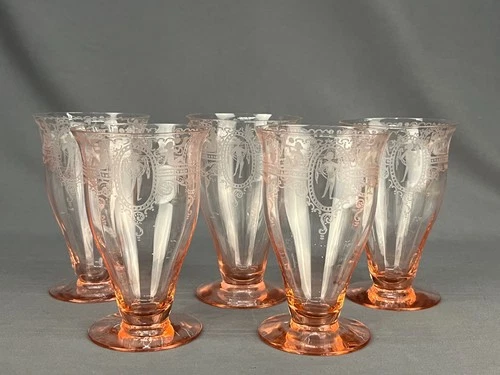 5 RARE HC Fry -30 PINK CAMEO Optic Depression Glass 6 1/4" Iced Tea Glasses