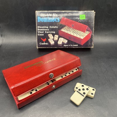 1993 Cardinal Double Six Gleaming Catalin Dominoes Full Set 510 Red Vinyl Case