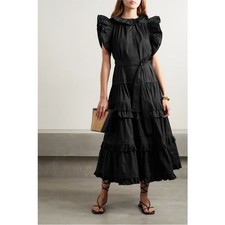 Ulla Johnson Dress Elsie Midi Ruffle Tiered Poplin in Black