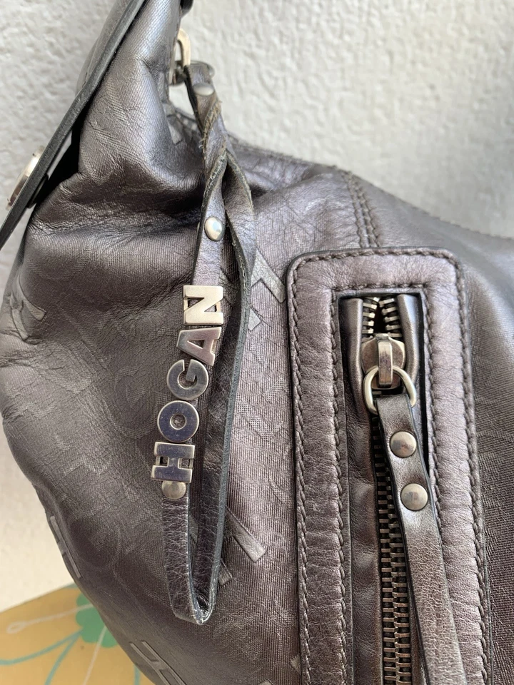 Hogan Hobo Shoulder Bag – Gray Leather Monogram –Zip Accents –15"x5" –10.5" Drop - Image 2 of 4