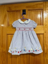 JoJo Maman Bébé Baby Girl Seersucker Stripe Dress 6–12M Embroidered Strawberries
