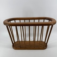Vintage Mid Century Modern Oak Wood Spindle Magazine Rack Record Holder Brown