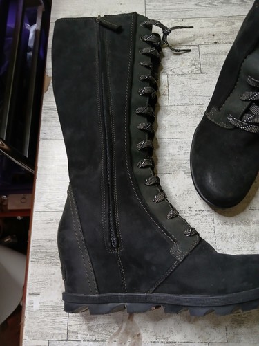 Sorel Joan Of Artic Wedge Tall Lace Up Charcoal Suede Black Boots Size 9.5 - Picture 13 of 24
