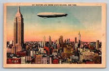 1944 NYC Empire State Building & US Navy Blimp Midtown Linen Postcard