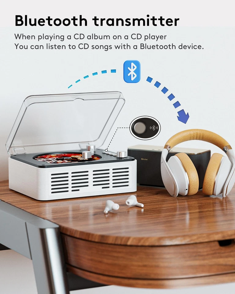 CD-Player mit Bluetooth Transmitter, Nostalgischer Retro Holz Musik Player, Built-I - Bild 3 von 4