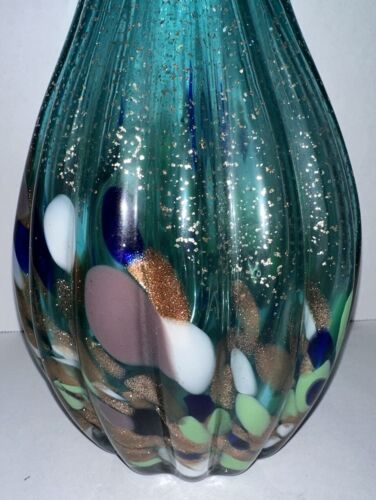 Vintage Krosno mundgeblasenes Glas Jack in Kanzel Glitzer türkis blau-grün große 13" Vase - Bild 8 von 15