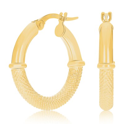 Italian 14k Yellow Gold Waffle Texture & Bright Shine Hollow Hoop Earrings 2gram