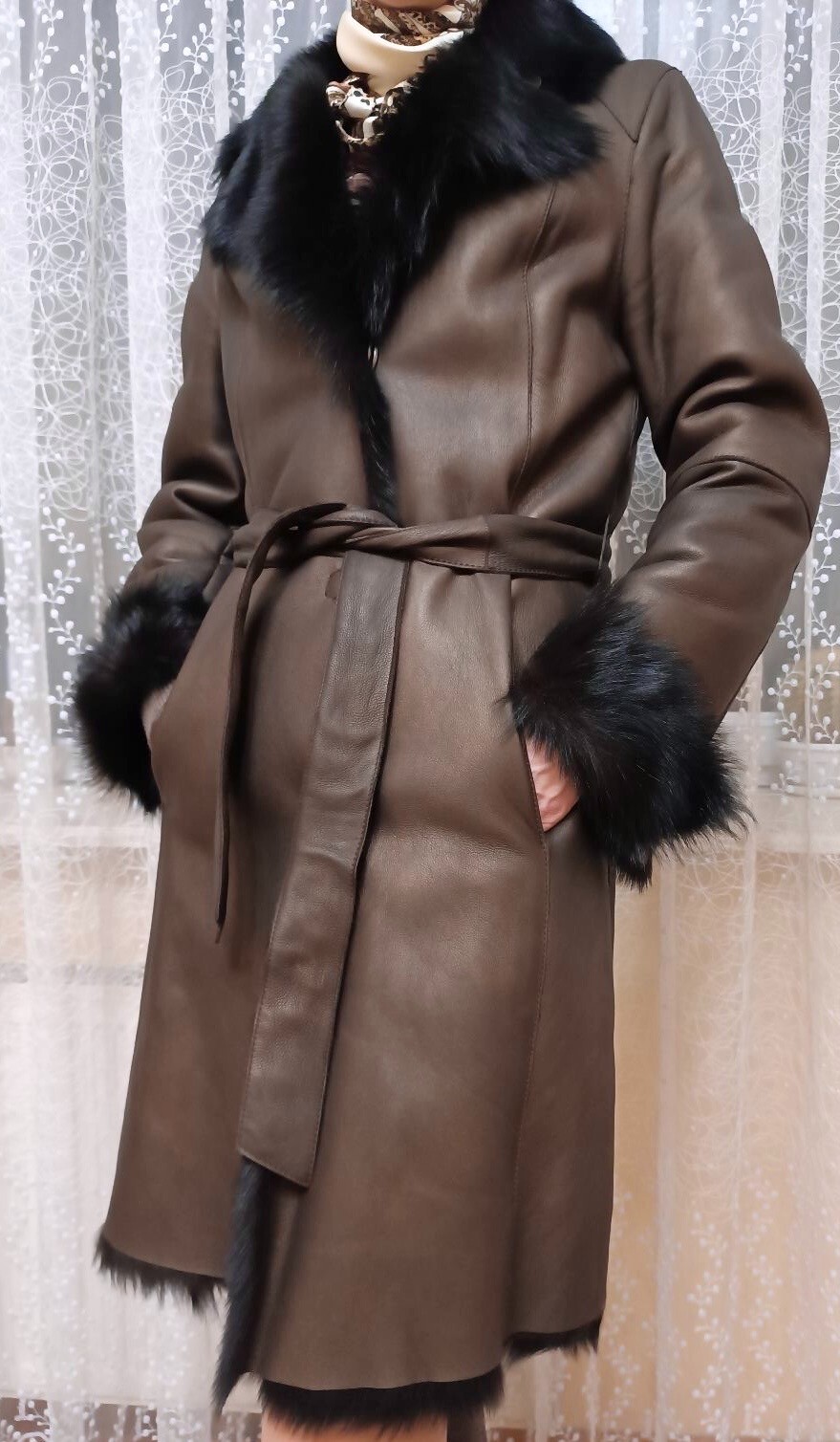 Brown leather Toscana sheepskin shearling coat belted  IT42