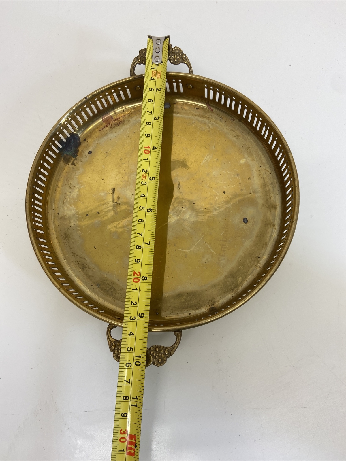 Vintage 10” Round Solid Brass Serving Tray Pierces Side Floral Handles B4 eBay