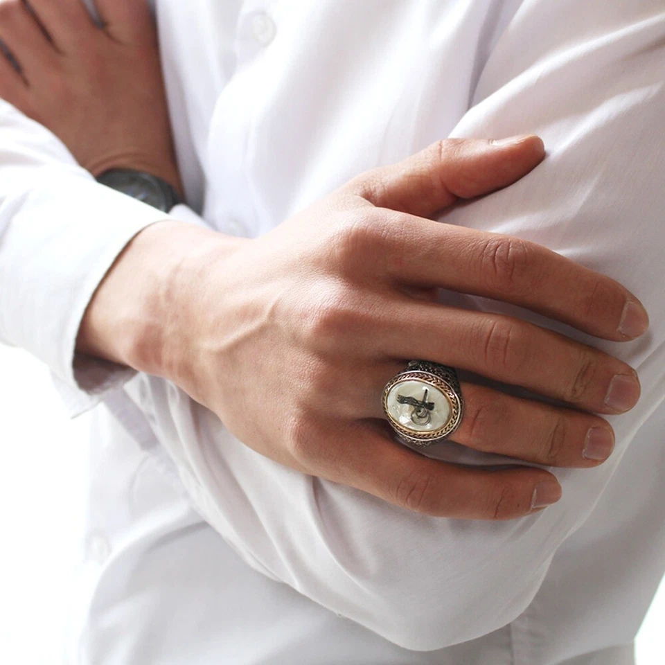 Massiver 925 Sterling Silber Tughra Design auf Perlmutt Stein Herrenring - Bild 2 von 3