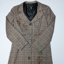 New York & Company Women's 12 Brown Plaid Floral Embroidery Dress Over Coat