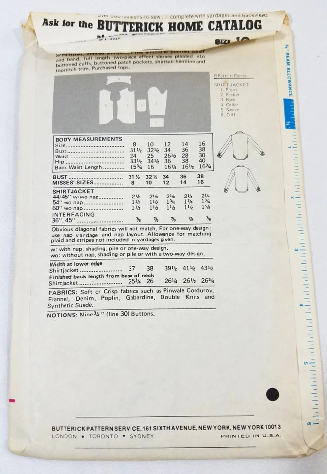 Butterick Sewing Pattern 3781 Misses Or Mens Size 10 Button Up Shirt Jacket 1974 - Image 2 of 2