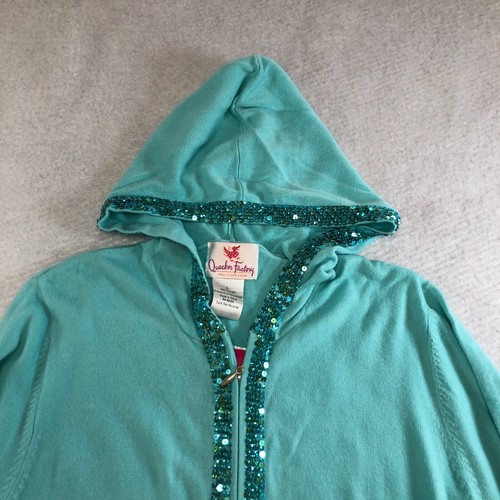 Quacker Factory Womens Sweater Jacket Sz L Blue Sequin Hooded Long Sleeve NWT - Picture 2 of 12
