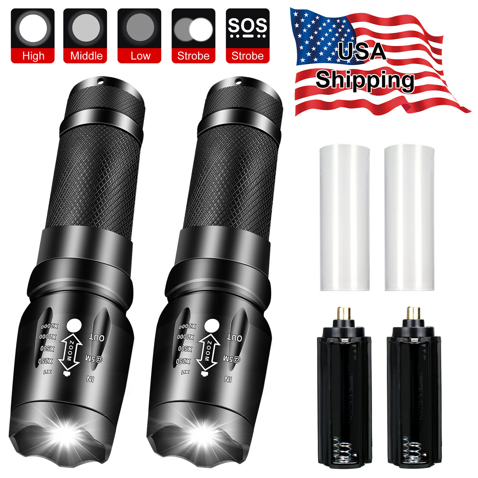 2 Pack Super Bright LED Tactical Flashlight Military 26650 AAA Torch Lamp Zoom