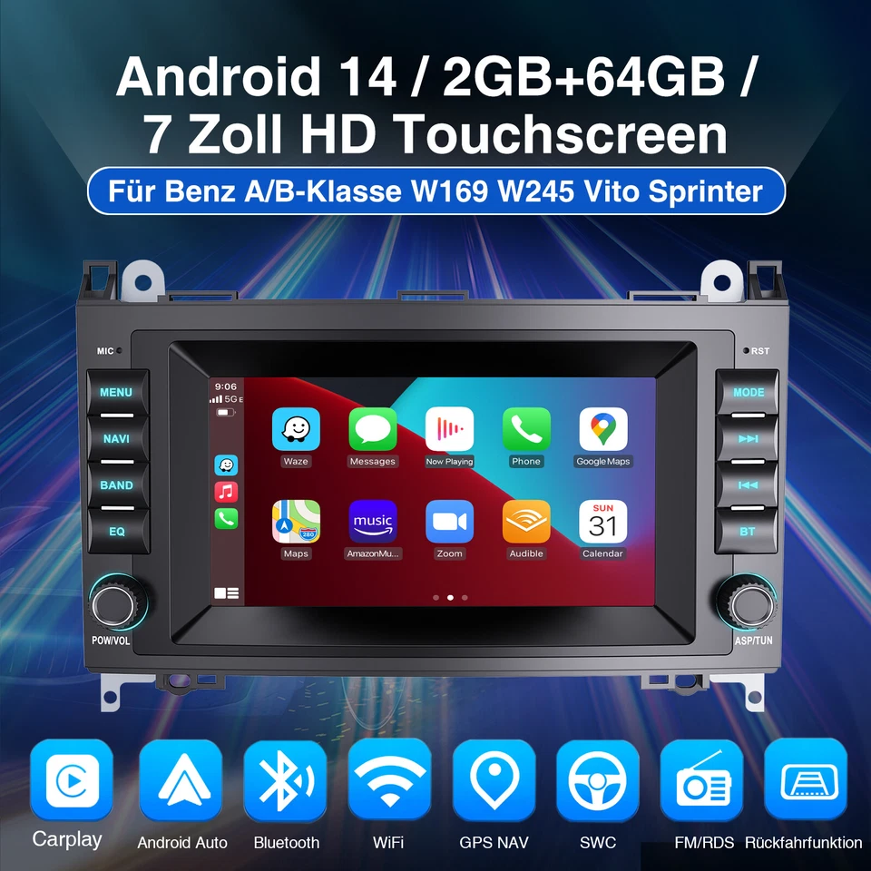 Autoradio 2+64G Android 14 Carplay DAB+ GPS Für Mercedes Benz A/B-Klasse - Bild 4 von 4