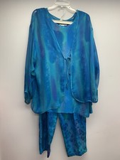 Susan Clark Vintage Blue Silk 3 Piece Set Pants Tank Top Cardigan M/L READ