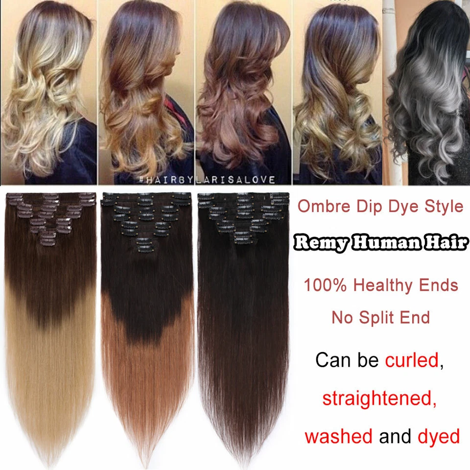100% Real Remy Human Hair Extensions Clip In 8Pcs Full Head Long Medium Short UK - Image 3 of 4