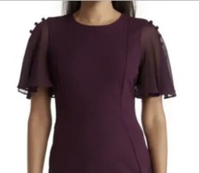 CALVIN KLEIN  CHIFFON BUTTON SLEEVE SHEATH DRESS,AUBERGINE , SIZE 4 NWT