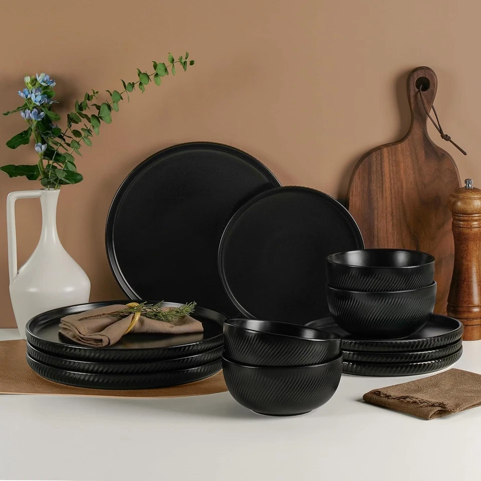 Earthsong Dinnerware Sets for 4, 12-Piece Ceramic Plates and Bowls Set, Dishwash - Image 2 of 4