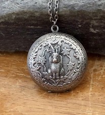 Vintage Bunny Rabbit Locket Necklace, Antiqued Silver Victorian Art Nouveau
