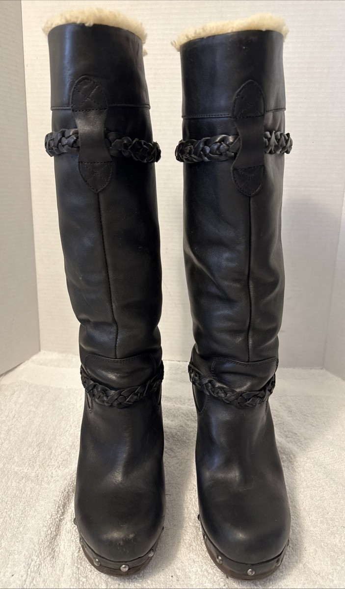 UGG Womens Savannah Black Leather Sheepskin Tall Clog Boots Size 8
