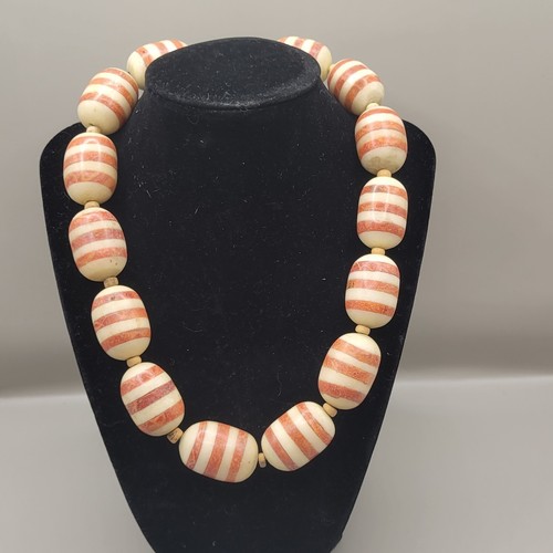 Vintage Etched Large Carnelian Agate Beads Necklace Made In Philippines  