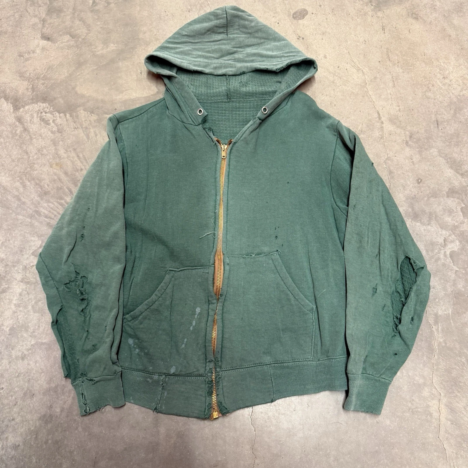 Vintage 1960s faded green thrashed zip up thermal lined waffle knit hoodie