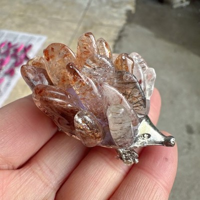 2' Natural Red gum flower  Quartz Carved Hedgehog Reiki Crystal Decor gift 1PC