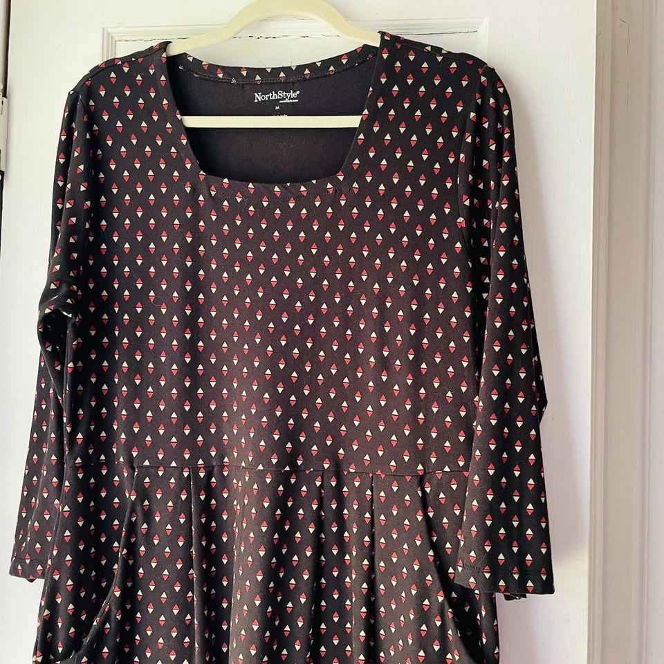 Vestido geométrico marrón estilo norte para mujer XL debajo de la rodilla carrera informal otoño fluido Foto 2 de 4