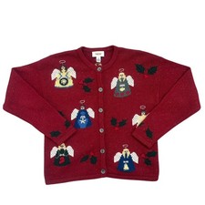 Vintage 90s Talbots Red Lambswool Angel Christmas Mistletoe Print Cardigan Small