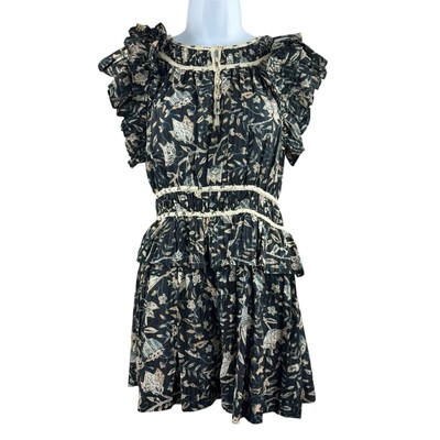 Ulla Johnson Endah Playsuit Womens Size 2 Blue Beige Floral Print Ruffle