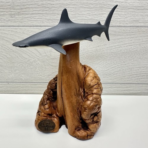 Vtg John Perry White Hammerhead Shark Swimming On Wood Base Sculpture Figurine