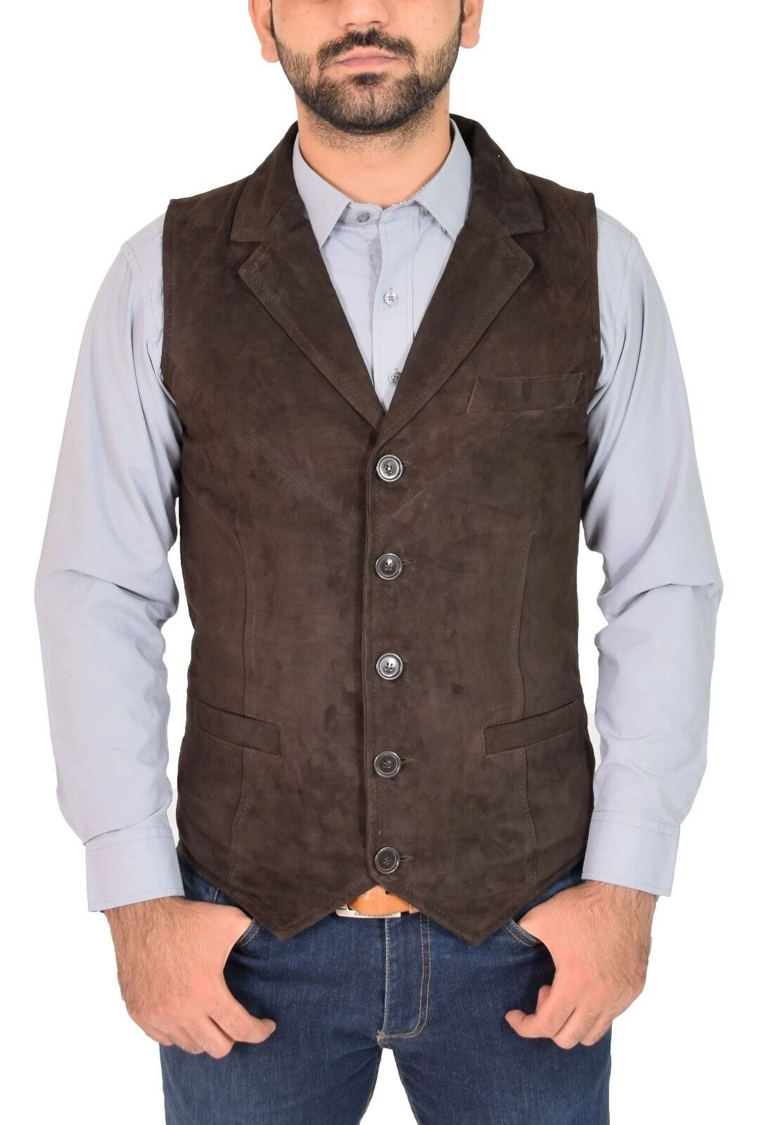 Men's Genuine Brown Suede Waistcoat Soft Sheepskin Classic Western Vest Coat