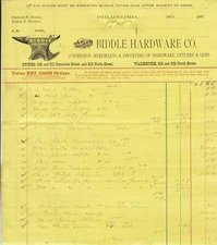 U.S. 1870s Biddle Hardware Co. Merc. & Imports Hardware Goods Receipt Ref 37828