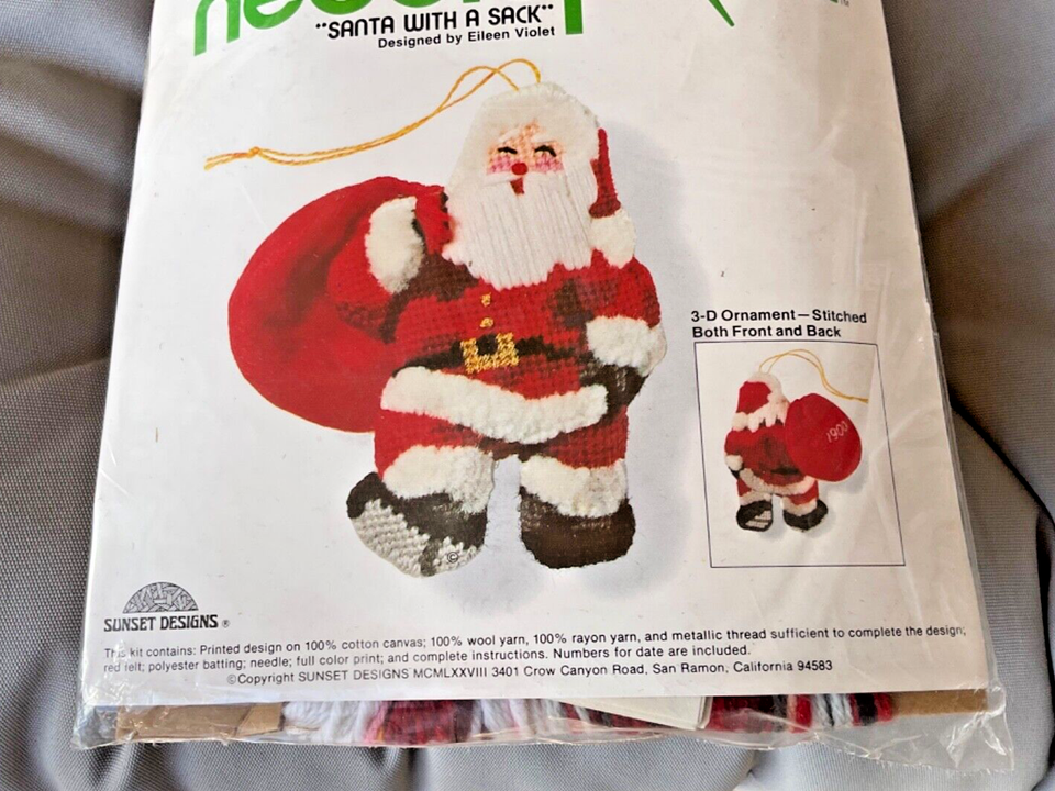 1979 Jiffy Needlepoint “Santa With A Sack” 3D Ornament Kit 5031 Sealed