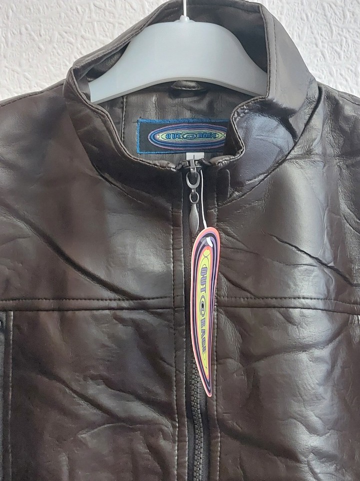 BN OUTRAGE BROWN POLYURETHANE ZIP BIKER BOMBER JACKET 70s RETRO LOOK