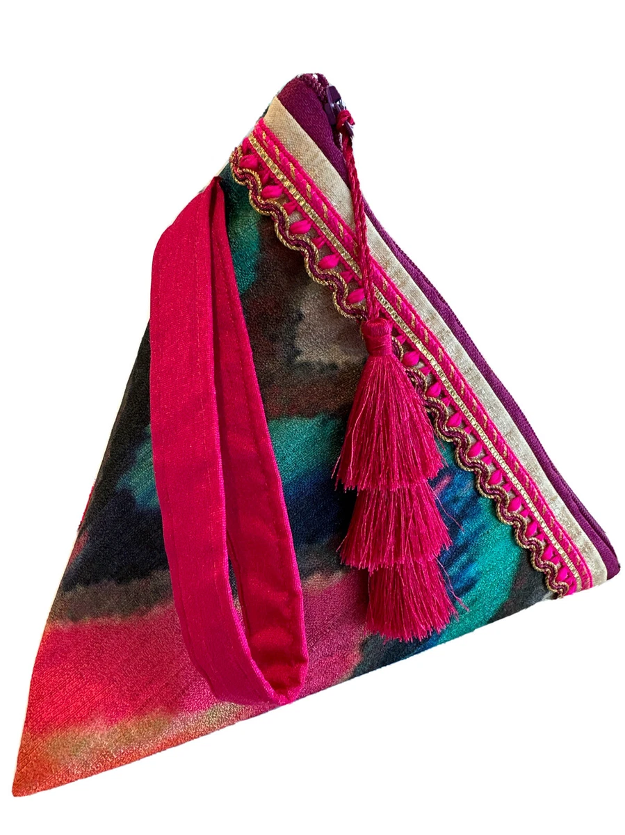 Triangle Prism Bag Evening Purse Clutch Wristlet Tassel Pink Handmade Boho India