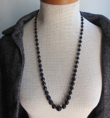 Collier Sautoir Art Déco Ancien En Onyx Noir - Bijou Vintage Occasion